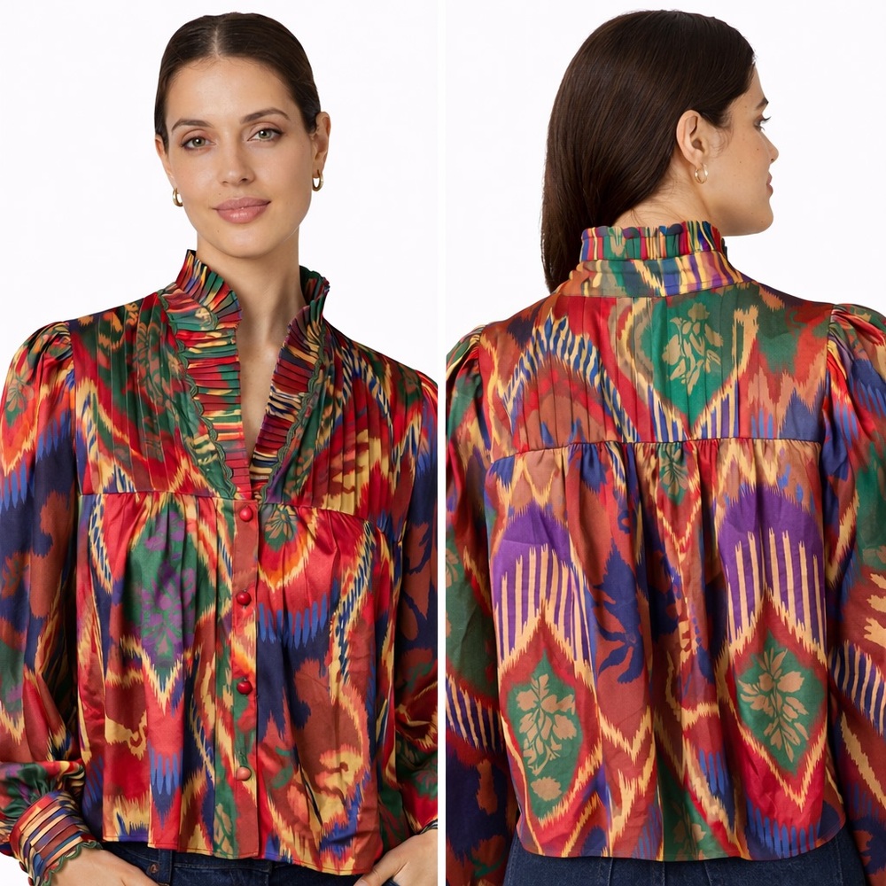 NWT Alden Adair Jared Hughes Jewel Tone Ikat Puff Sleeve Blouse Medium